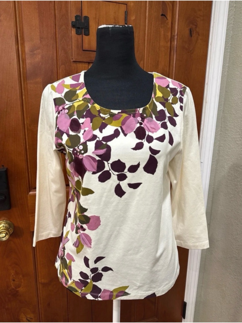 Ruby Rd. Cream Scoop-Neck Top with Pink and Olive Floral Print.